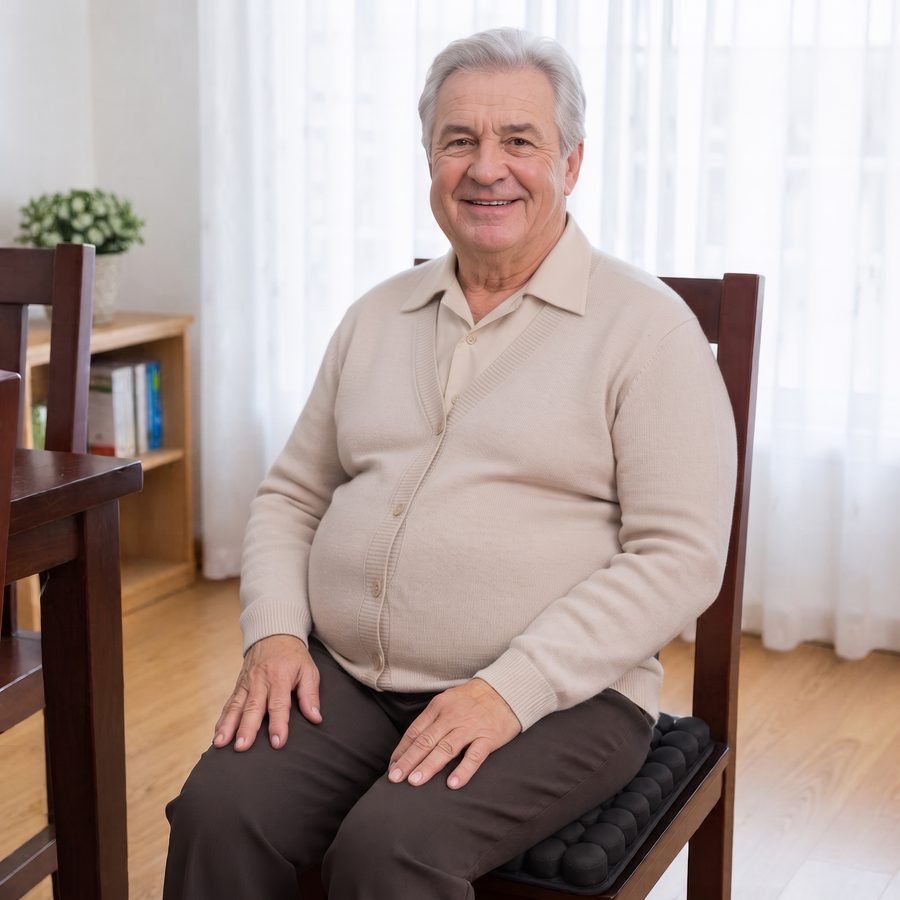 Older man sitting comfortably on a dining chair with the Morph cushion