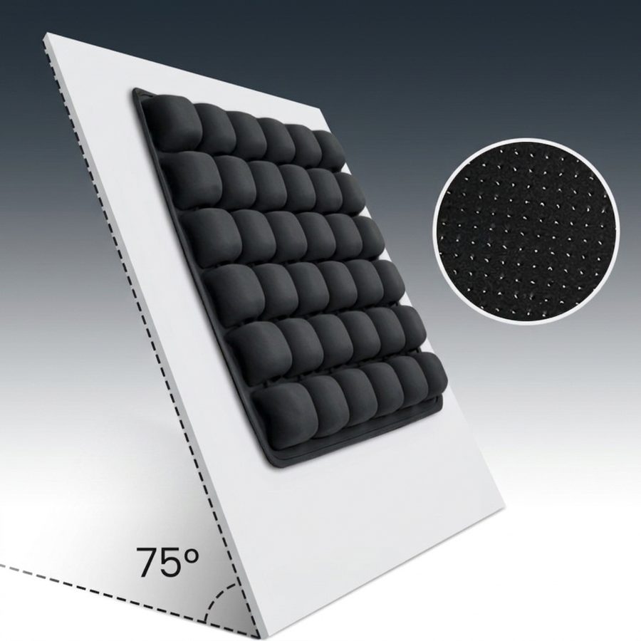 Morph cushion gripping a board tilted to 75 degrees, with a close-up of the non-slip base