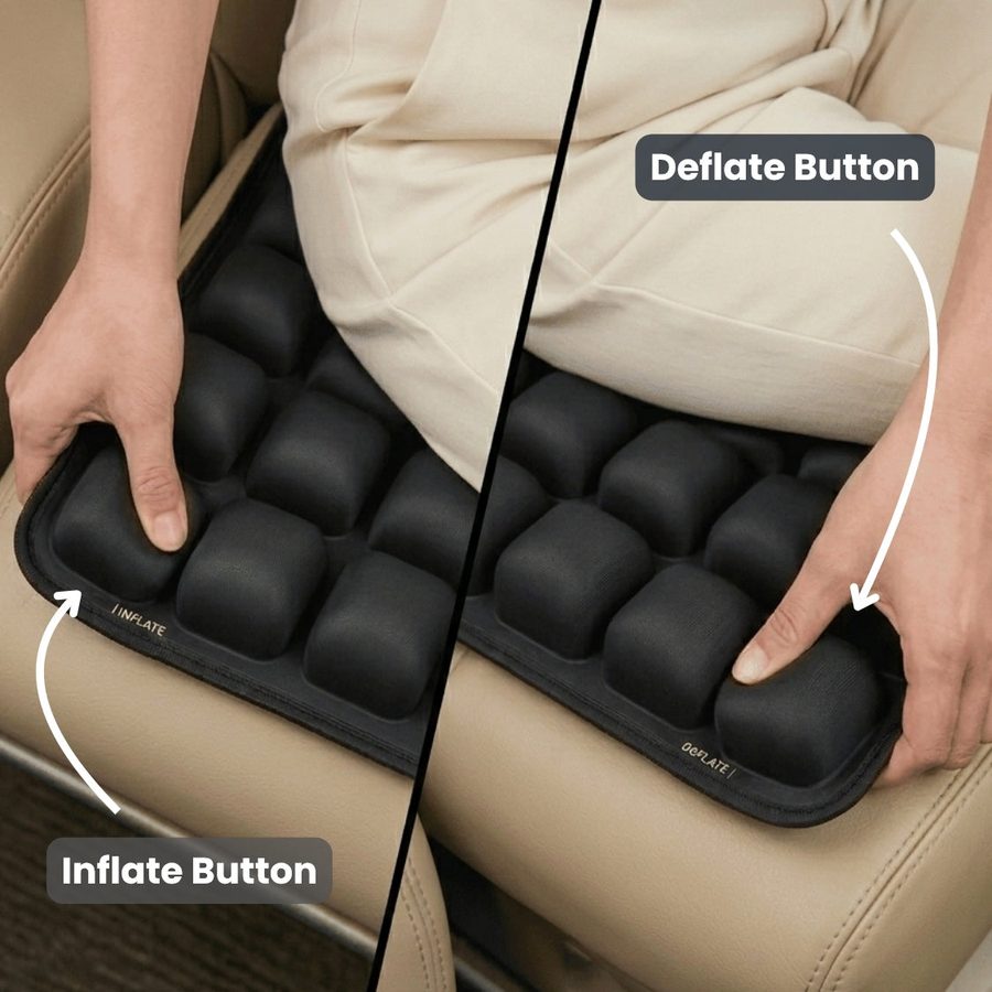 Inflate and deflate buttons on the Morph cushion